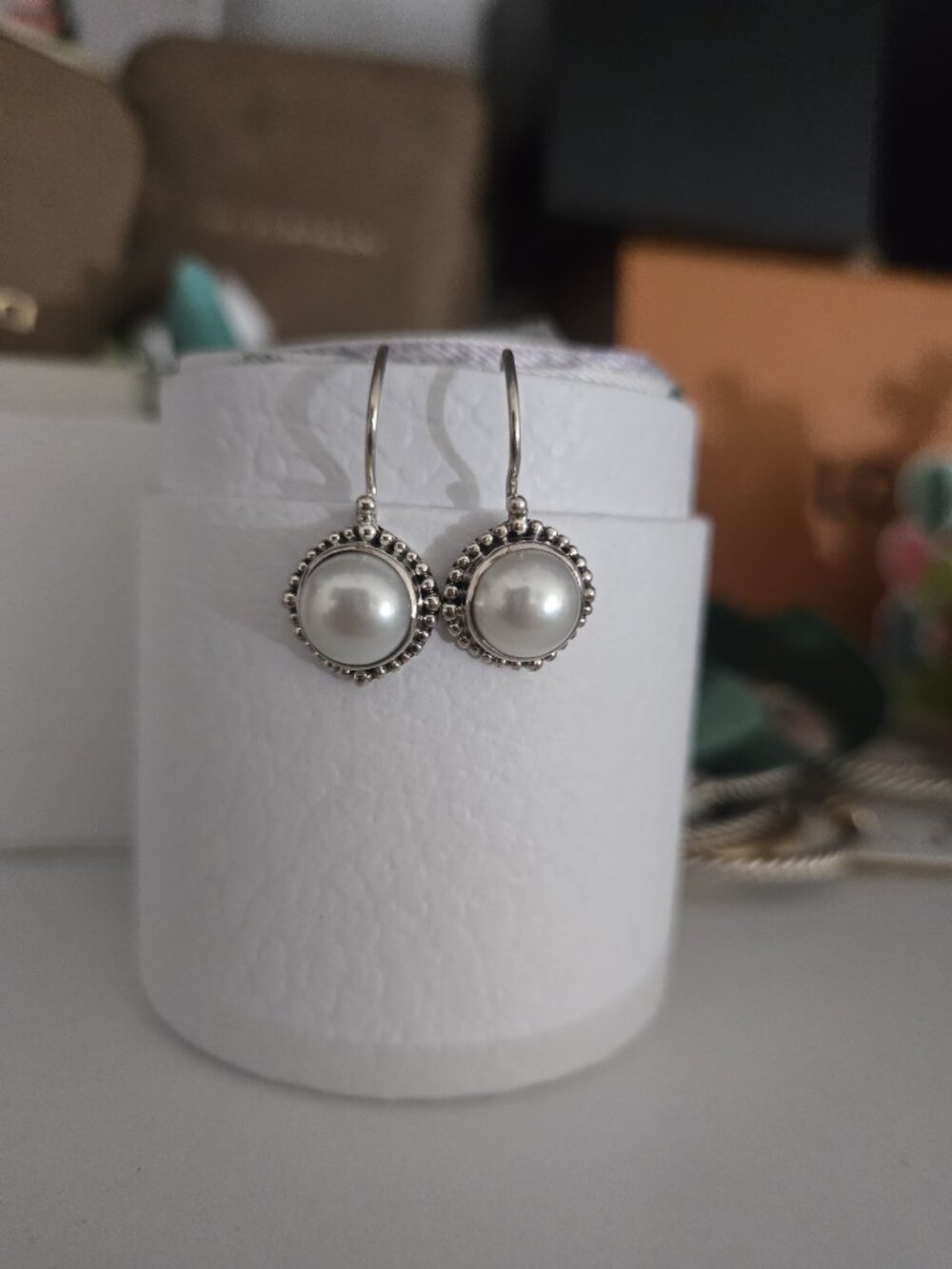Vintage Janice Girardi JGD 925 Sterling Silver Pearl Drop Earrings - Picture 5 of 5